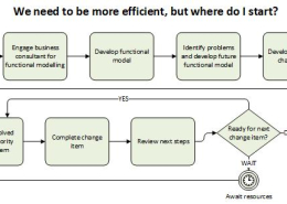Flow chart showing steps got medium business to start path to business efficiency by building a functional model to gain understanding.