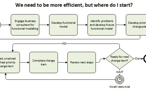 Flow chart showing steps got medium business to start path to business efficiency by building a functional model to gain understanding.